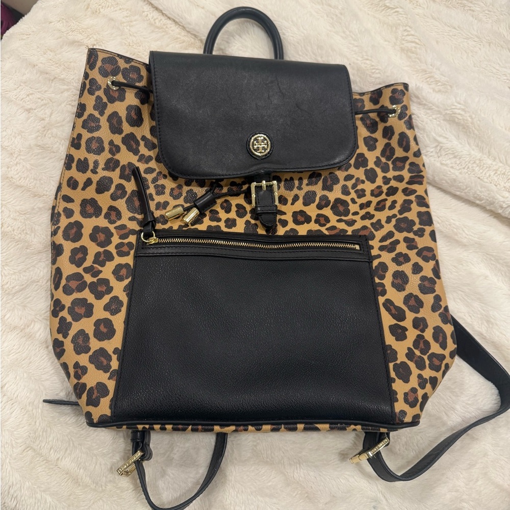 Leopard Print and Black Leather Tory Burch Backpack